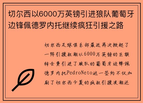切尔西以6000万英镑引进狼队葡萄牙边锋佩德罗内托继续疯狂引援之路 切尔西以6000万英镑引进狼队葡萄牙边锋佩德罗内托继续疯狂引援之路